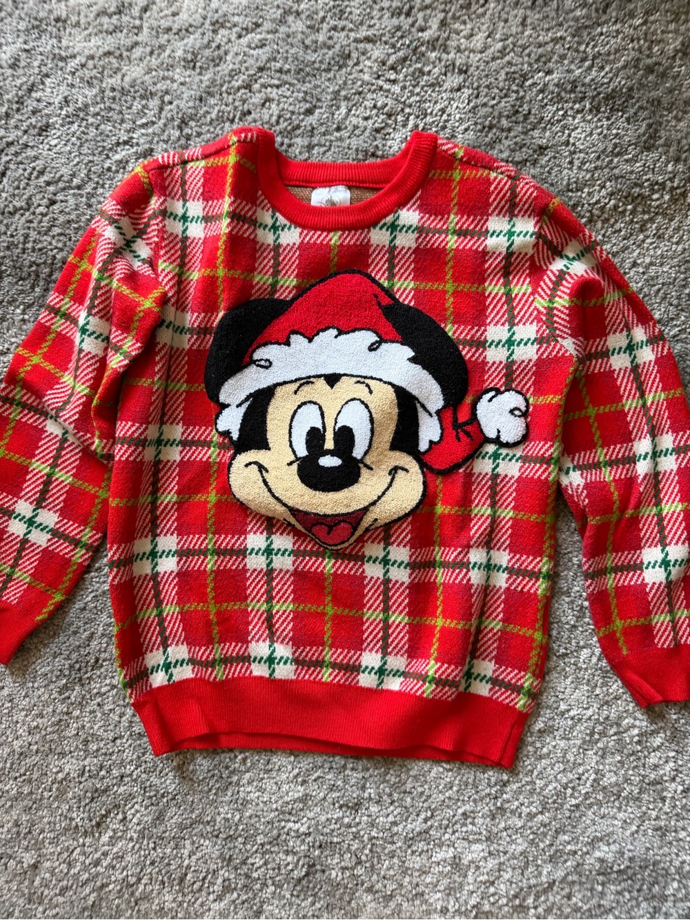 Disney Red Plaid Crewneck Sweater with Green and White Accents